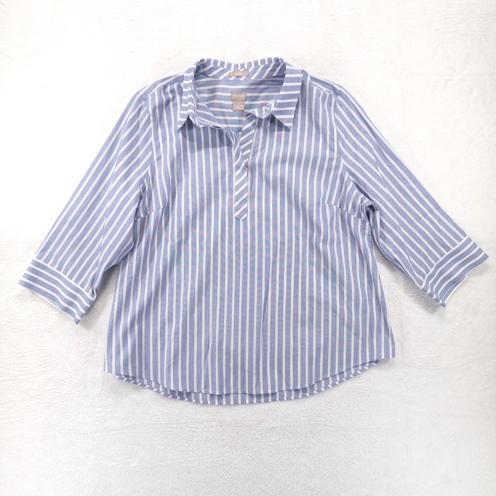 Chico's Womens Top 3 US XL Blue White Striped 3/4 Sleeve No Iron Popover Blouse